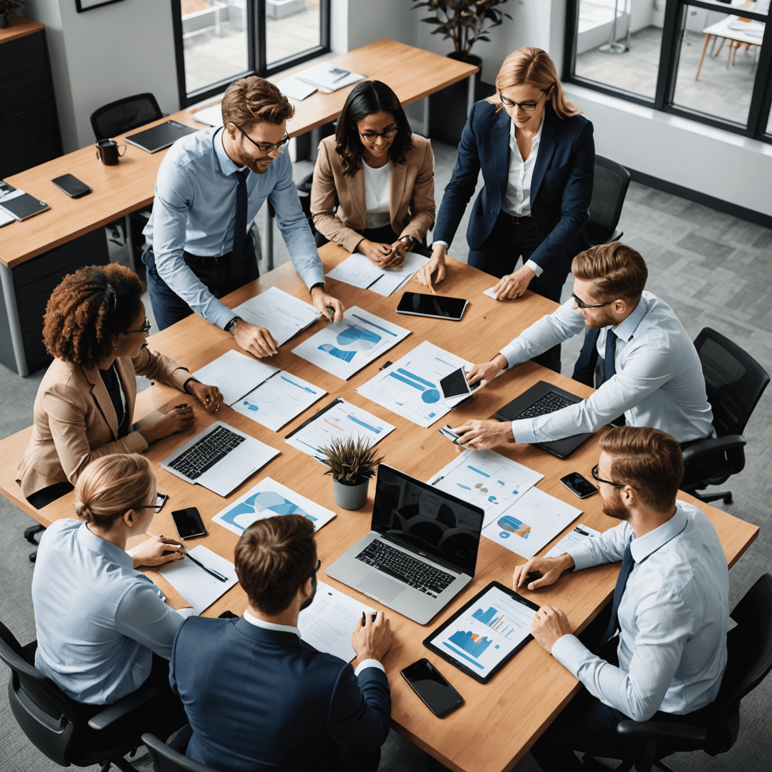 A diverse group of professionals collaborating in a modern office setting, symbolizing career growth and teamwork