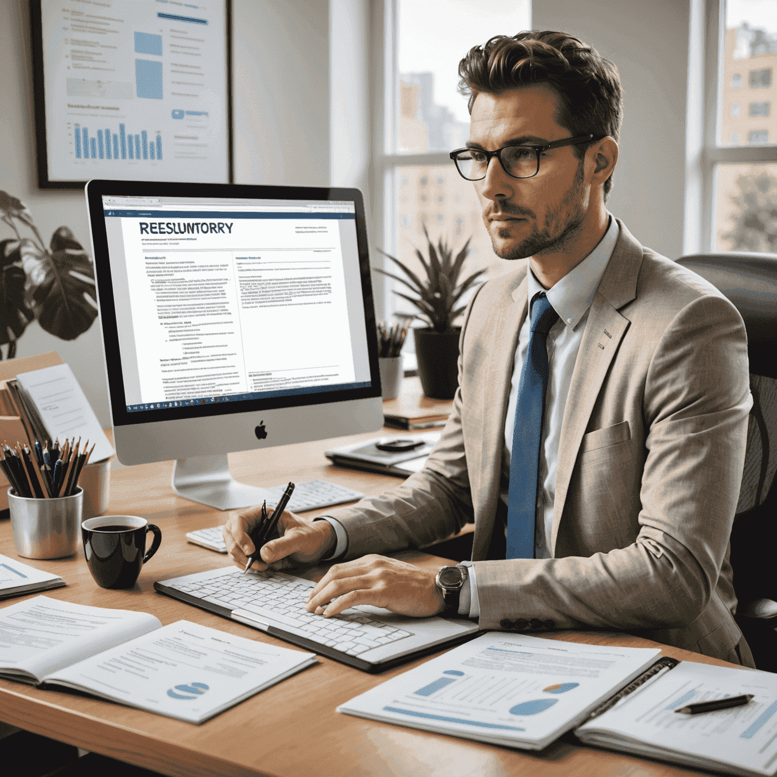 A professional looking through job listings on a computer, surrounded by career-related resources such as resume templates and industry reports. The image conveys a sense of focus and determination in the job search process.