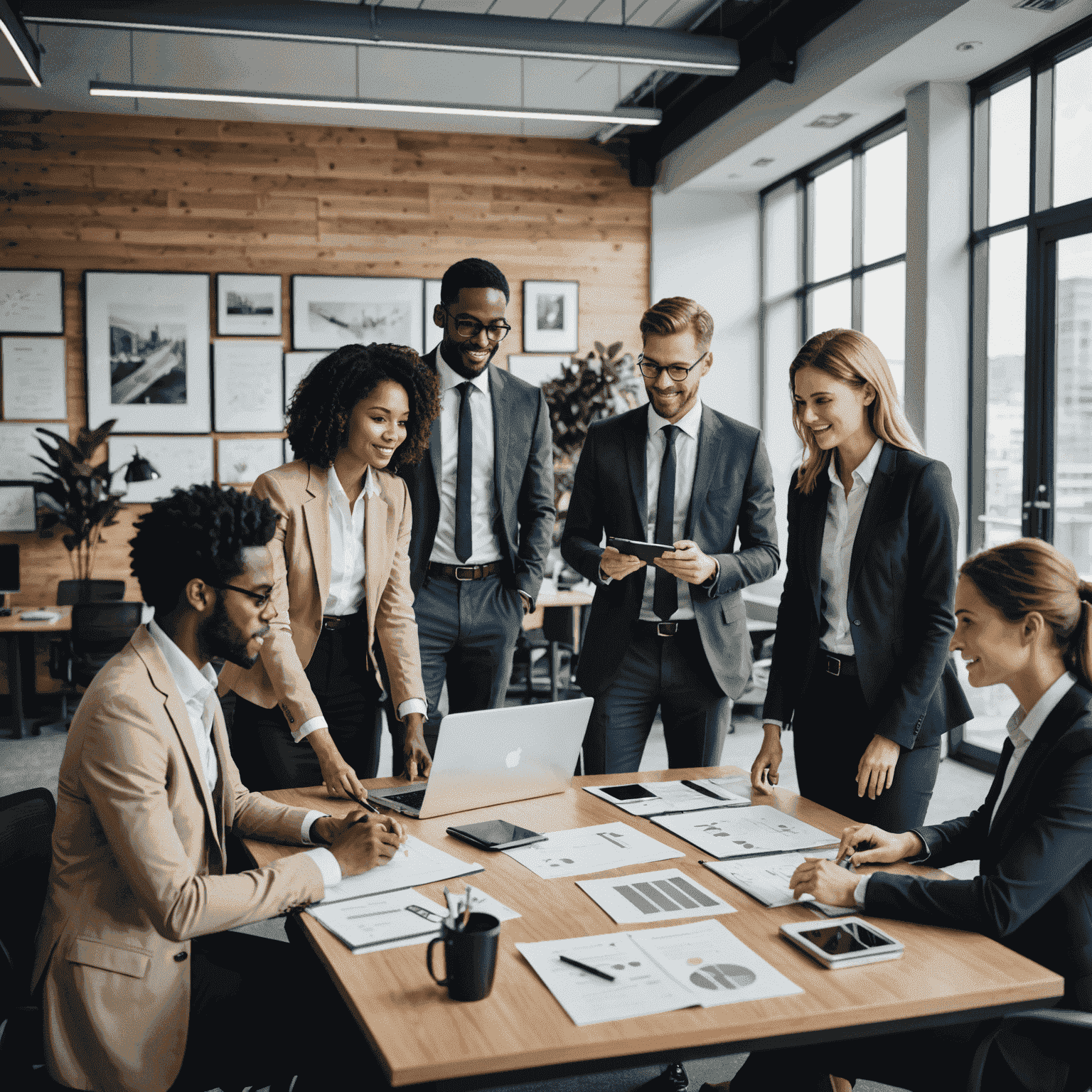 A diverse group of professionals in a modern office setting, collaborating on a project. The image showcases various job roles and industries, emphasizing the concept of matching talented individuals with suitable employers.