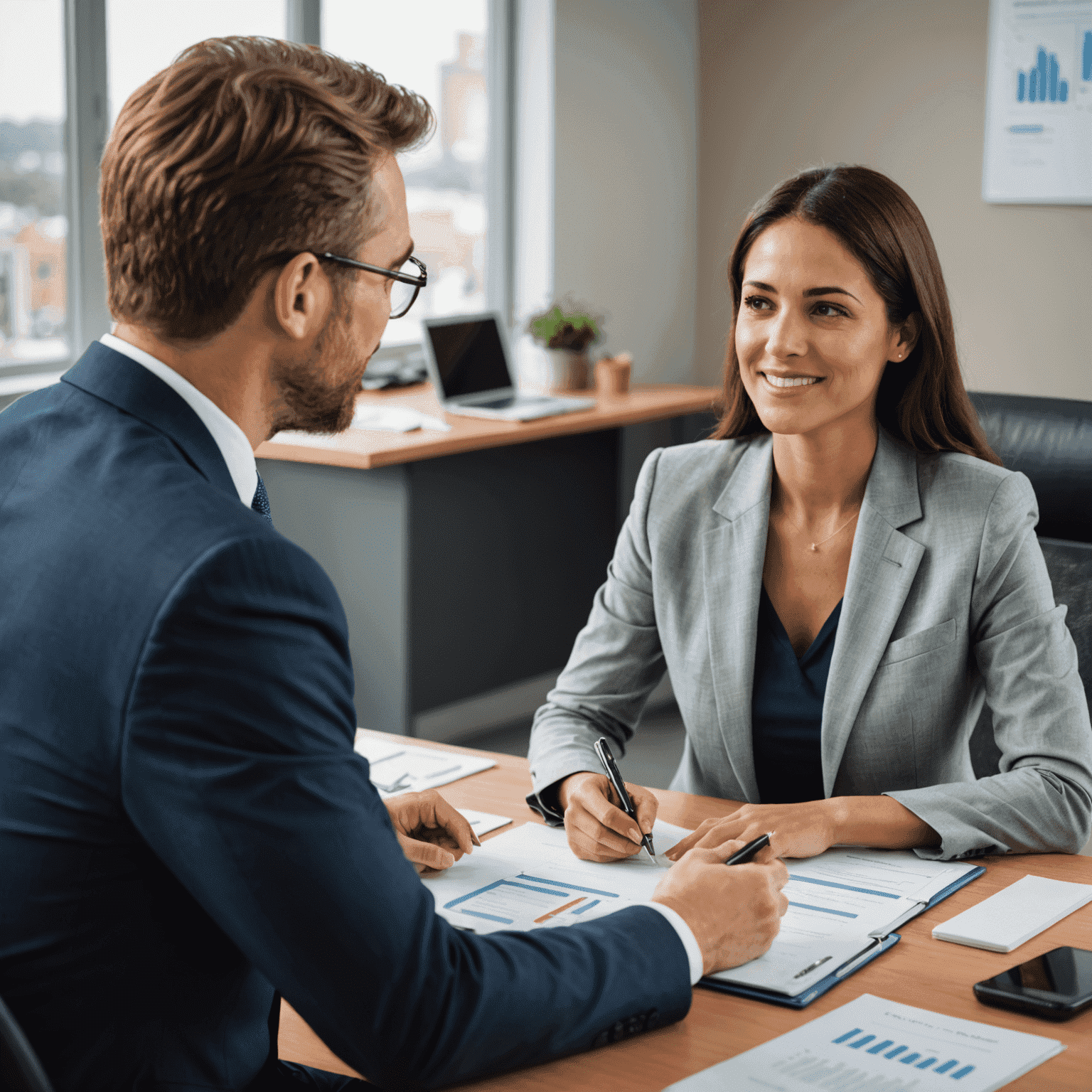 A professional consultant discussing career options with a client, showcasing personalized career guidance