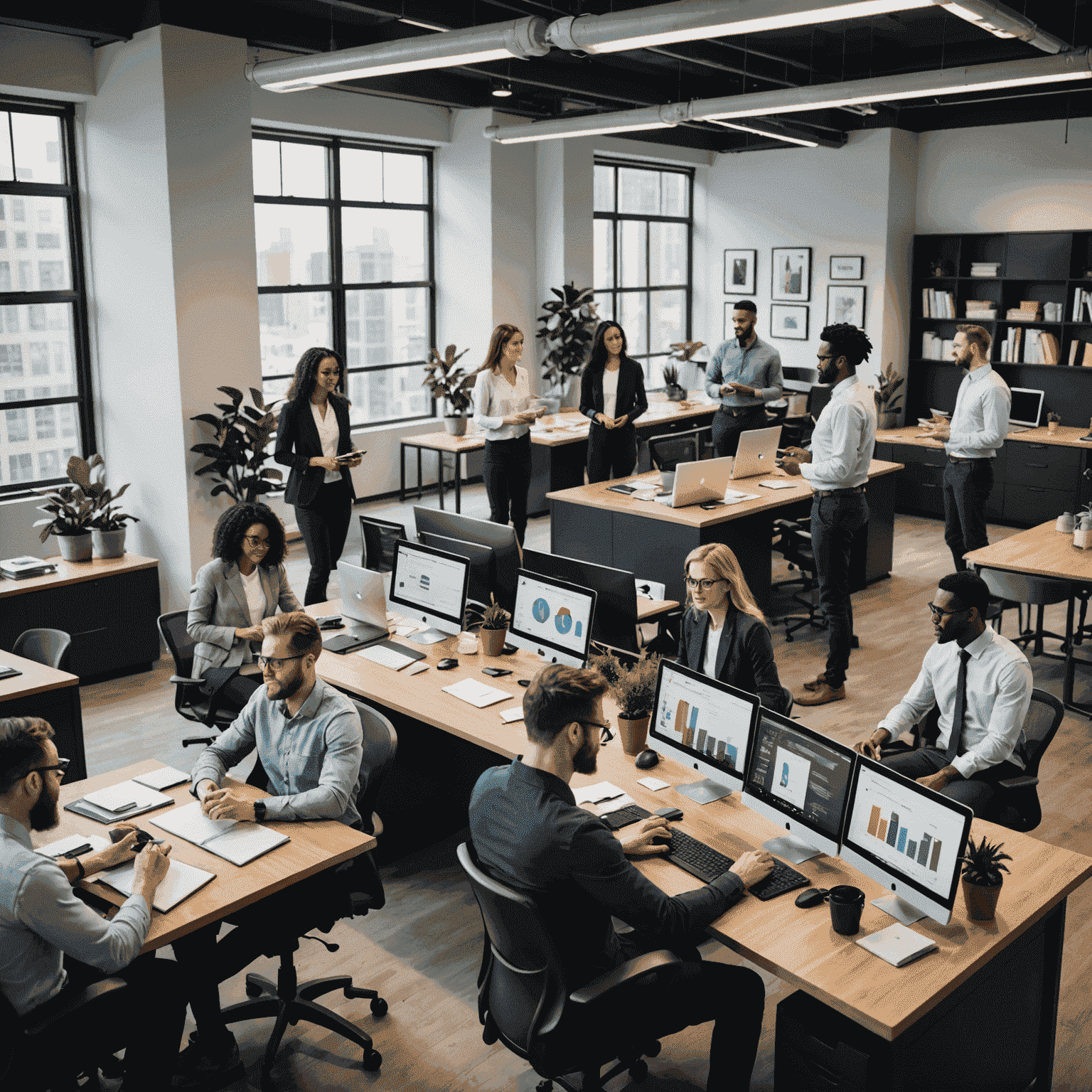 A collage of diverse professionals collaborating in a modern office setting, showcasing teamwork and the use of technology