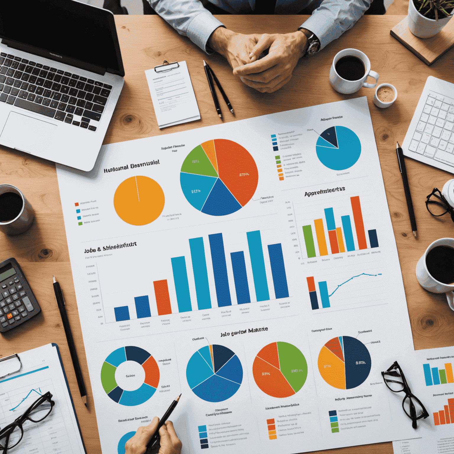 Visual representation of job market trends including graphs, charts, and icons of various industries