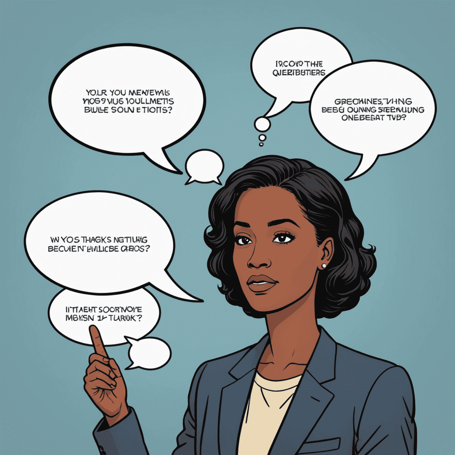 Illustration of a person confidently answering interview questions with thought bubbles containing tips and tricks